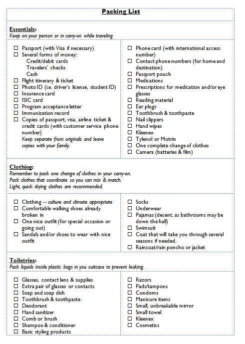 Suggested Packing List Checklist
